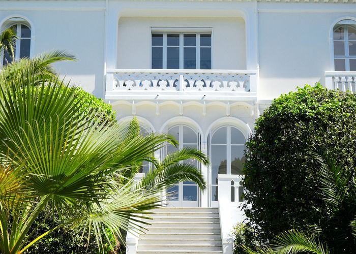 A villa behind palms